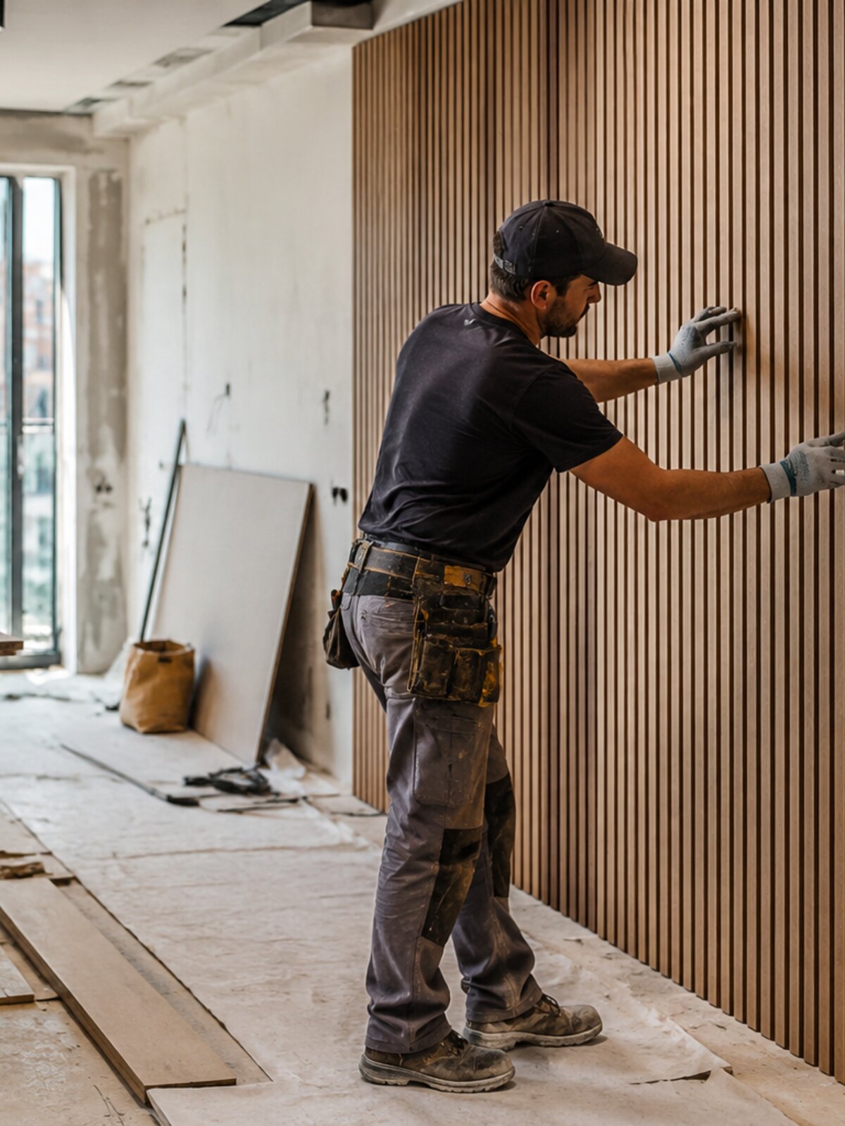 Profesional instalando paneles de madera durante una reforma interior