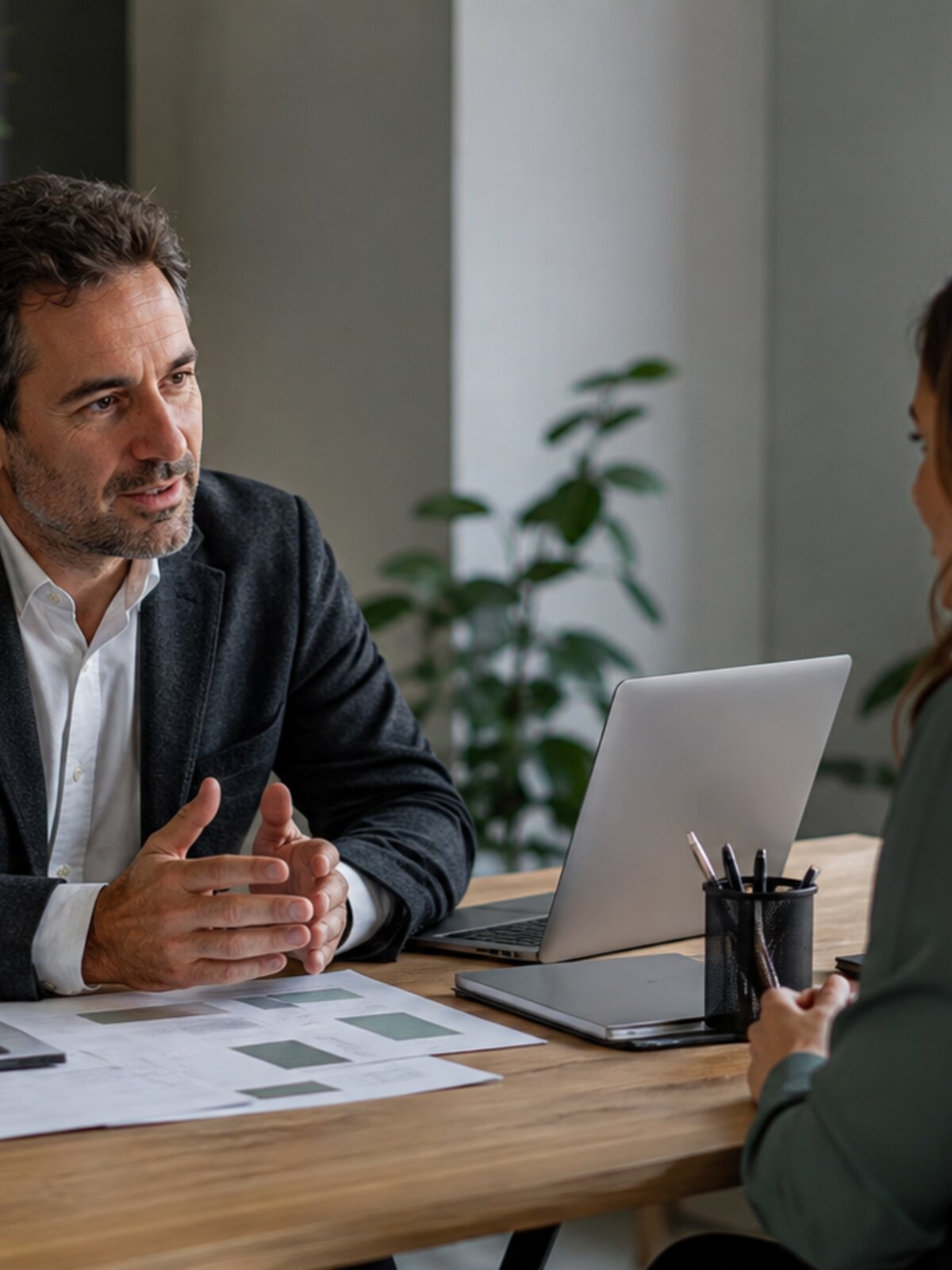 Consultor asesorando a una clienta en su despacho