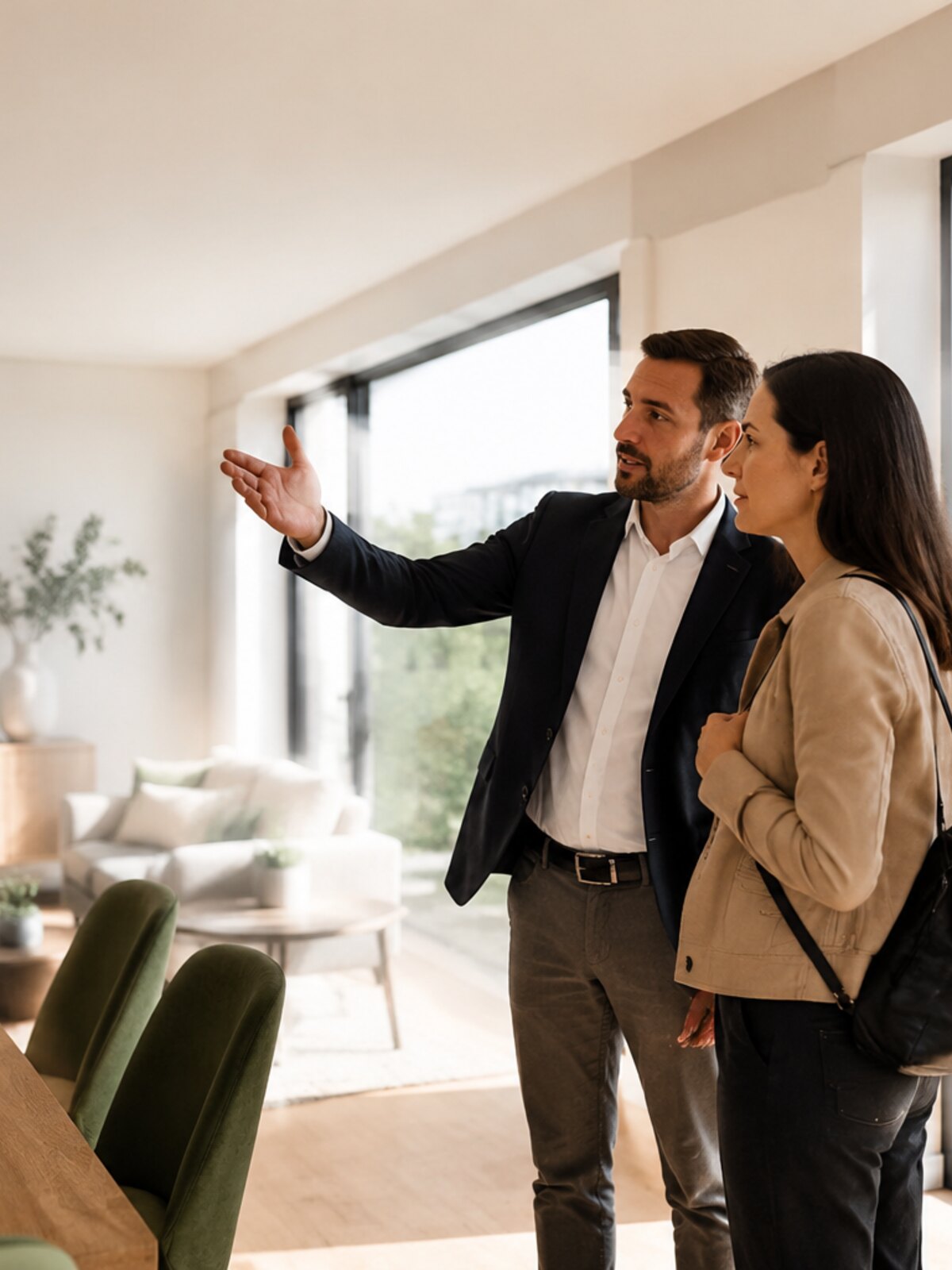 Profesional inmobiliario mostrando una vivienda de obra nueva a una compradora